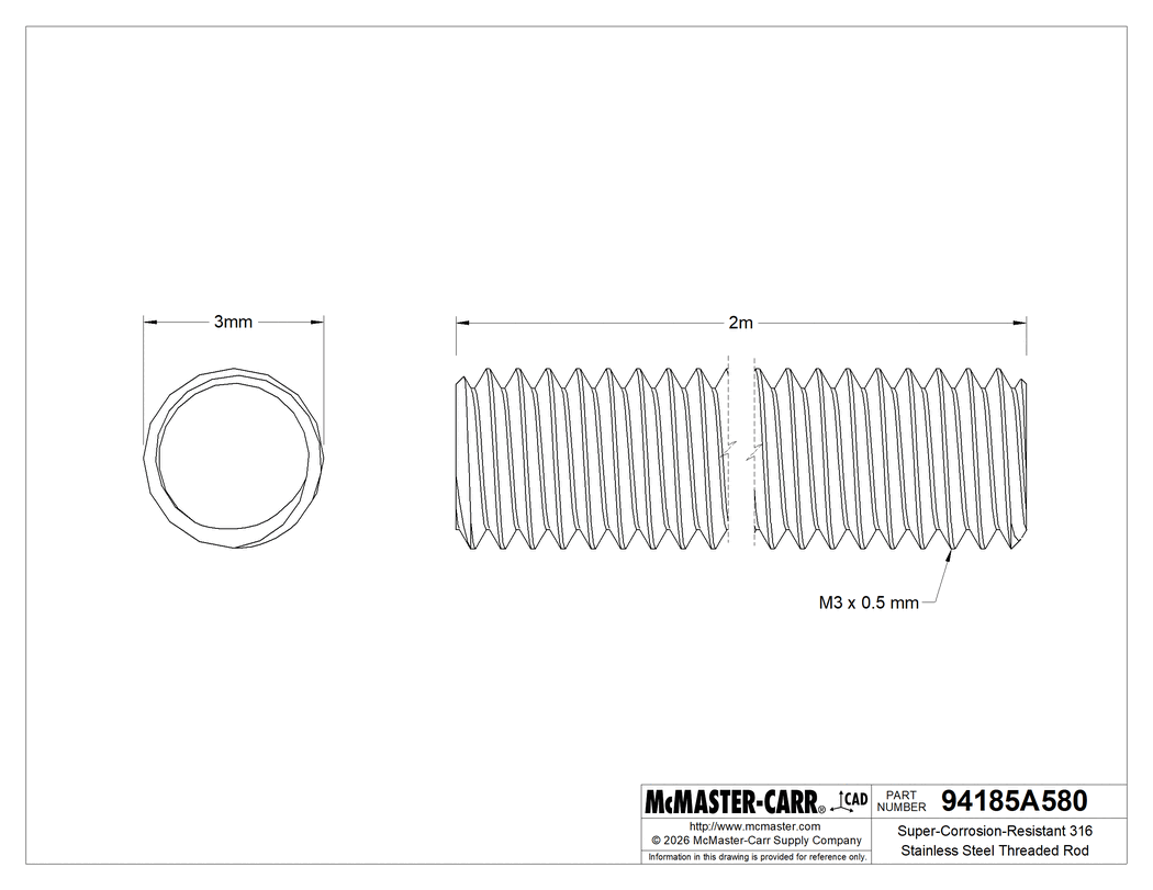 Technical Drawing of Super-Corrosion-Resistant 316 Stainless Steel Threaded Rod, M3 x 0.5 mm Thread Size, 2 M Long.